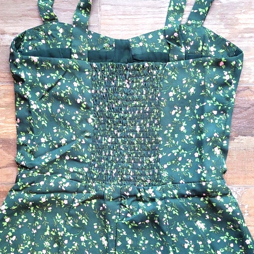 Reborn Green & Pink Floral Tie-Straps Smocked Back Lined Midi Dress, XS, Size 2 - Picture 6 of 14